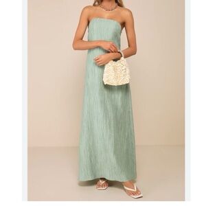 Lulus Radiant Season Sage Green Plisse Cutout Strapless Maxi Dress